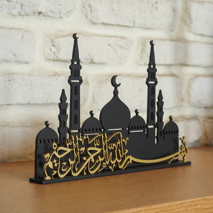 Hiasan Meja Logam Kaligrafi Bismillah & Siluet Masjid