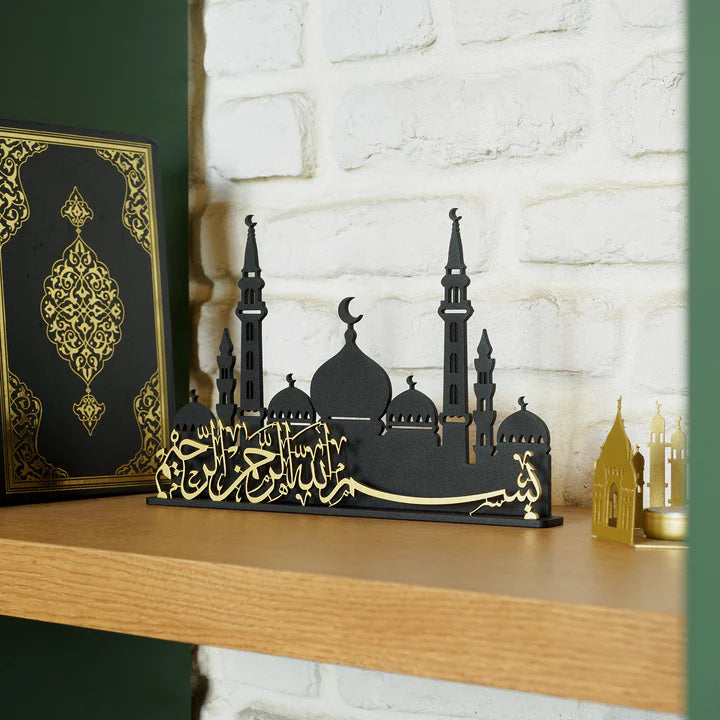 Hiasan Meja Logam Kaligrafi Bismillah & Siluet Masjid